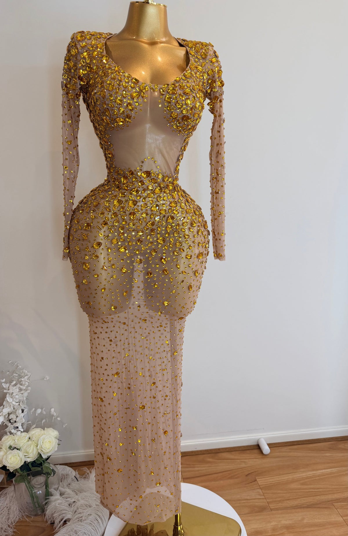 Radiant Royal gold crystal gown close up