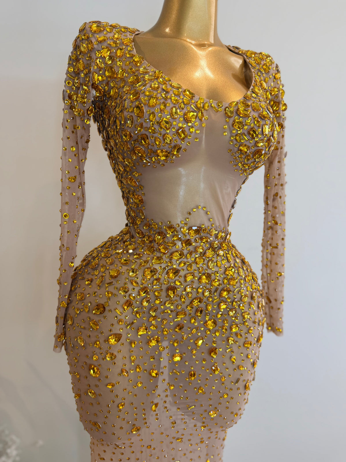 Radiant Royal gold crystal gown front view