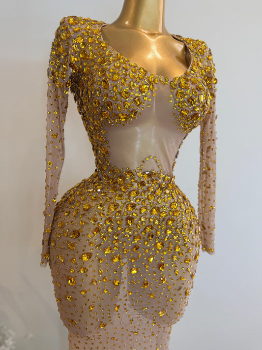 Radiant Royal gold crystal gown front view